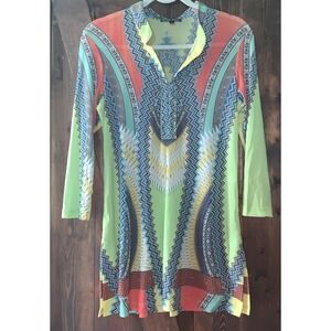 Boho Chic Midi Dress L  V Neck Grooving Preppy Vibrant Colors Long Sleeve EUC